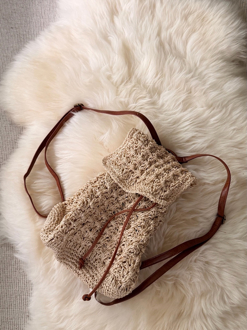 Handcrafted Cream Crochet Drawstring Backpack with Brown Straps